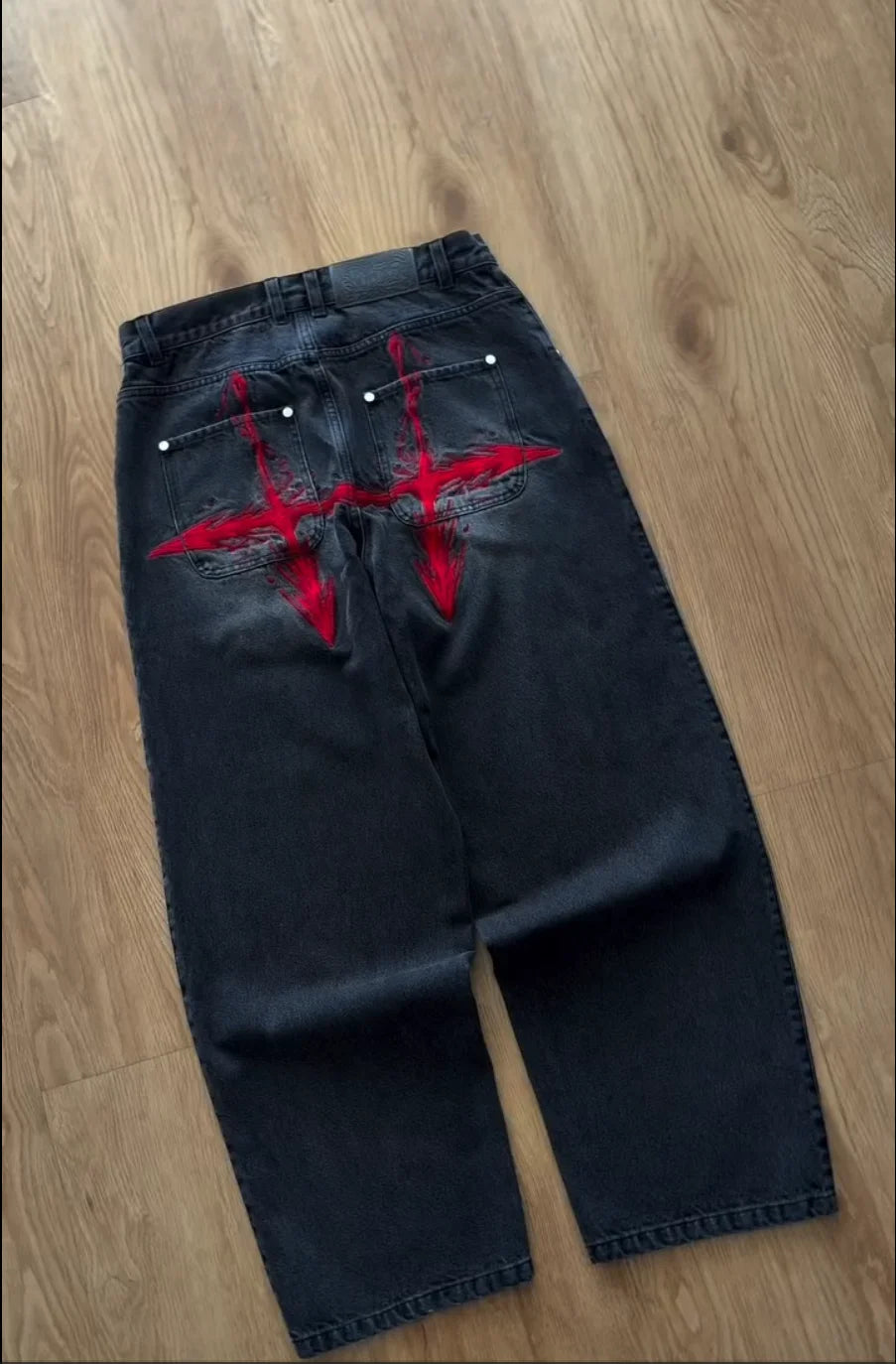 Y2K Vintage Loose Denim Pants Black Japan Cartoon Pattern Embroidered Jeans Women Wide Leg High Waist Streetwear Men Jeans