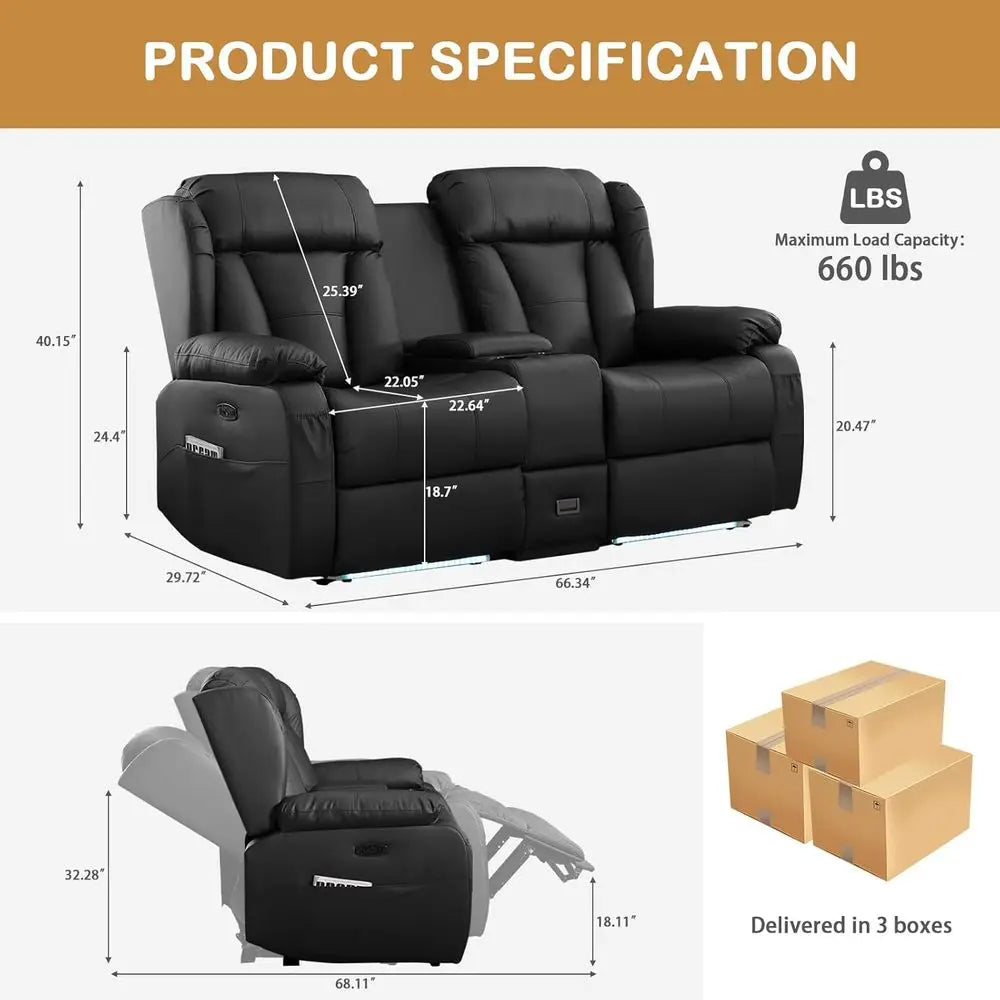 66 Power Reclining Loveseat Sofa with Home Theater Features, USB/Type-C Ports, Storage, Cup Holders, and LED Lights for RVs and
