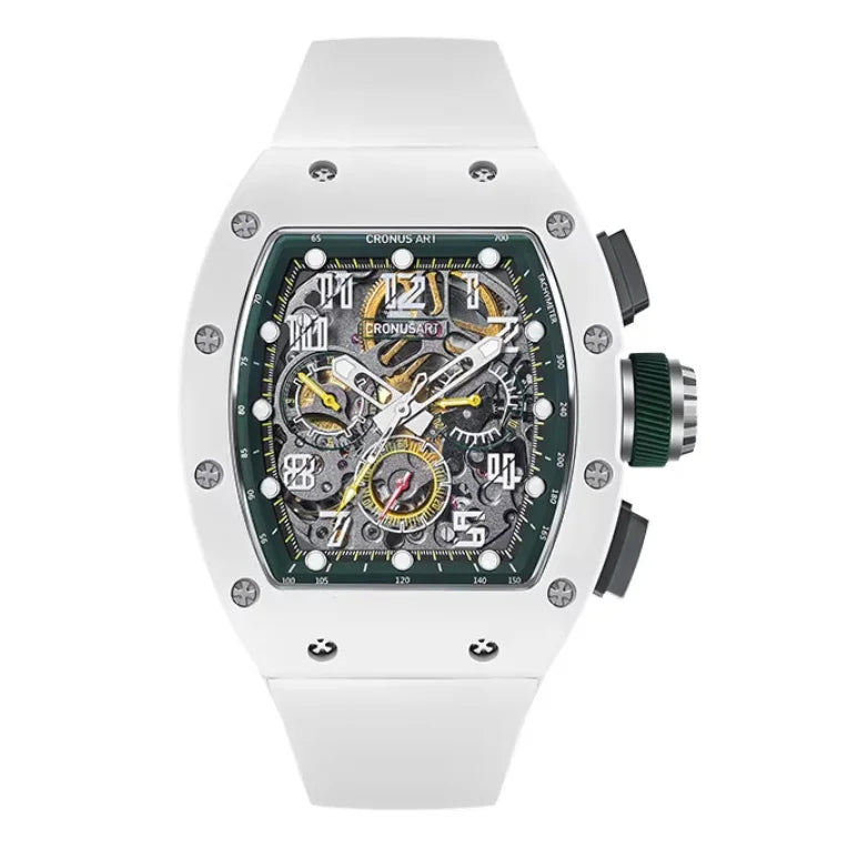 CRONUSART Men Chronograph Watch Tonneau Automatic Mechanical Wristwatch Sapphire Mirror Luminous FKM Strap Skeleton Dial
