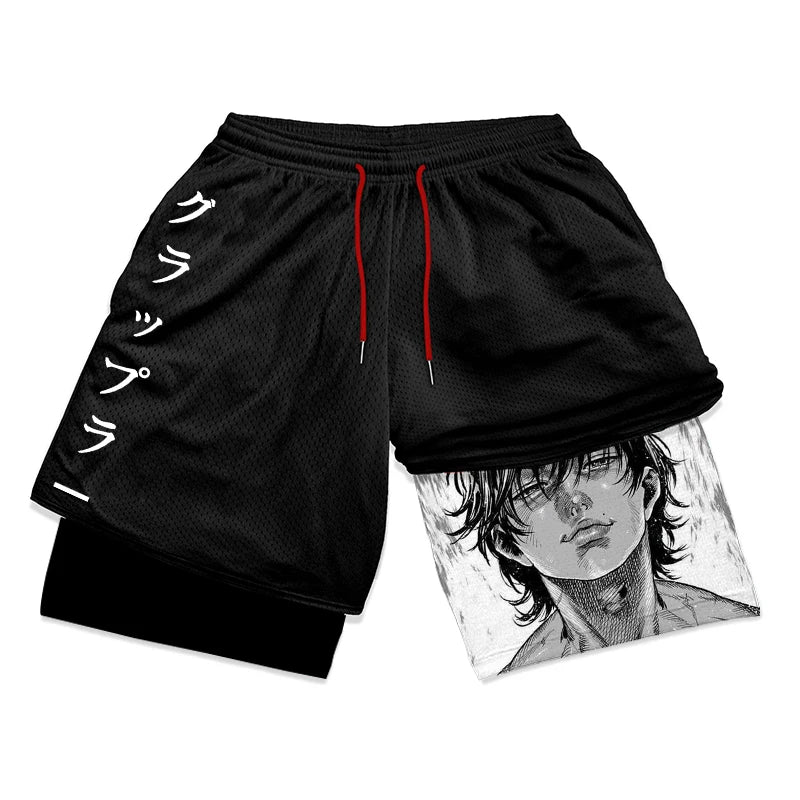 Anime Baki Hanma Gym Workout Shorts for Men Athletic Quick Dry 2 in 1 Compression Shorts Cosplay Costume