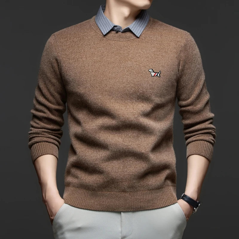 Luxury fake two piece men's knitted sweater fashion striped lapel pullover new thickened warm casual cartoon dog embroidered top