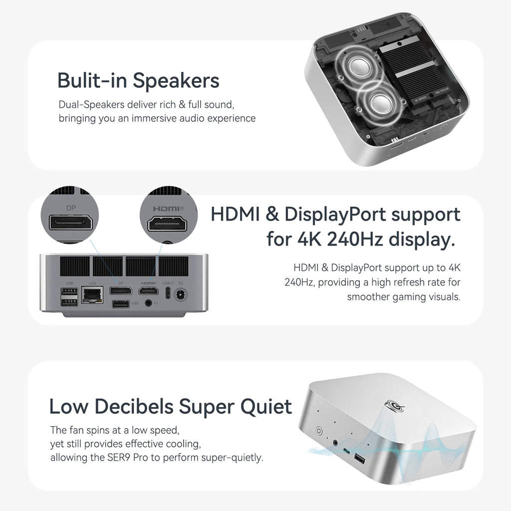 HY Beelink SER9 Pro MINI PC AMD Ryzen AI 9 HX370 32G LPDDR5X 7500MHz Dual M.2 PCIe 4.0 1TB Mini 4K HDMI Type C MINI Host 1TB SSD