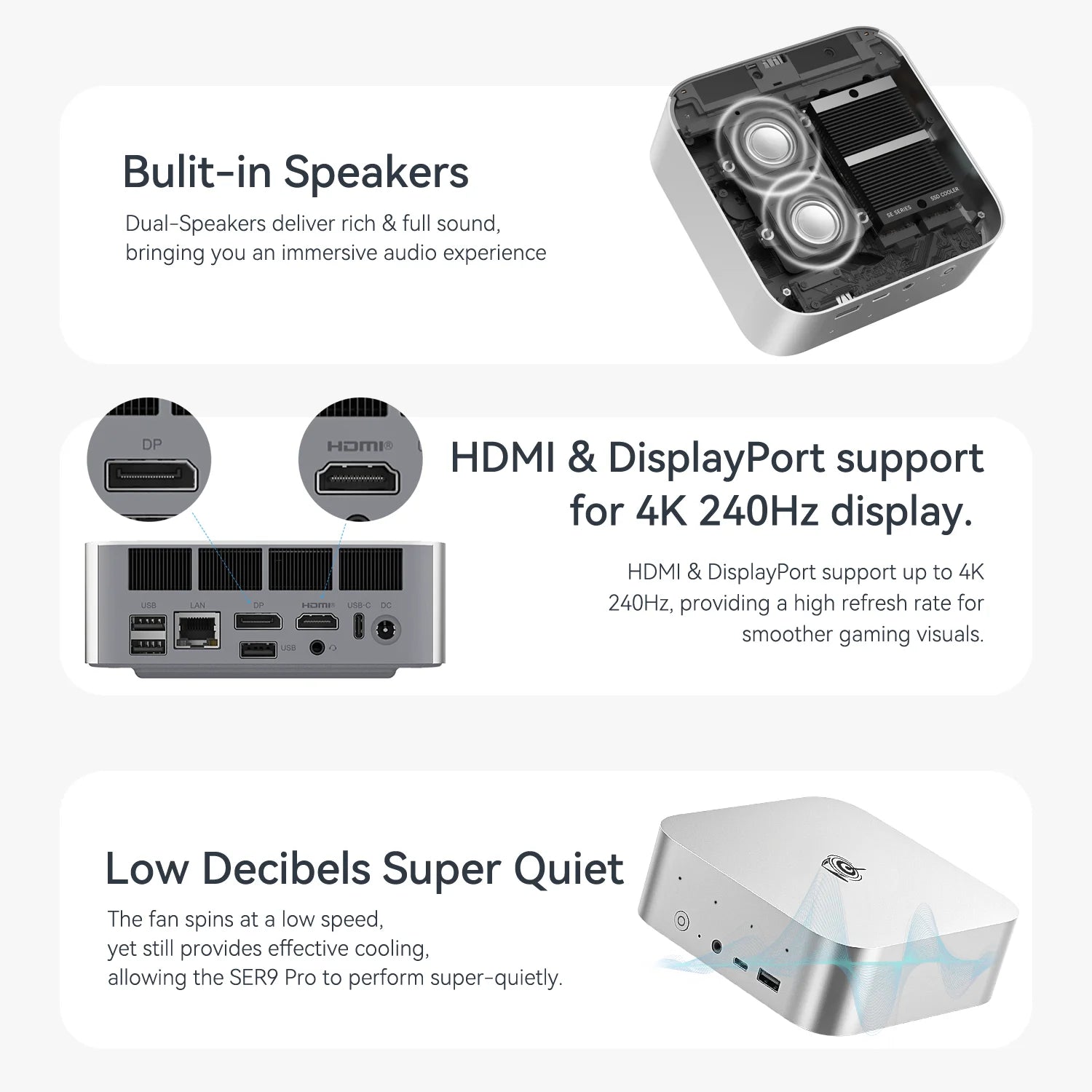 HY Beelink SER9 Pro MINI PC AMD Ryzen AI 9 HX370 32G LPDDR5X 7500MHz Dual M.2 PCIe 4.0 1TB Mini 4K HDMI Type C MINI Host 1TB SSD