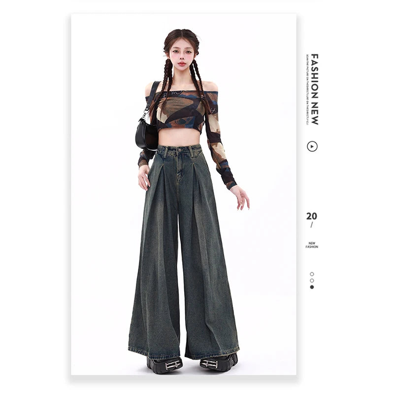 Women's Blue Y2k Jeans Baggy Harajuku Aesthetic Streetwear 2000s Trashy Oversize Denim Trousers Loose Jean Pants Vintage Clothes