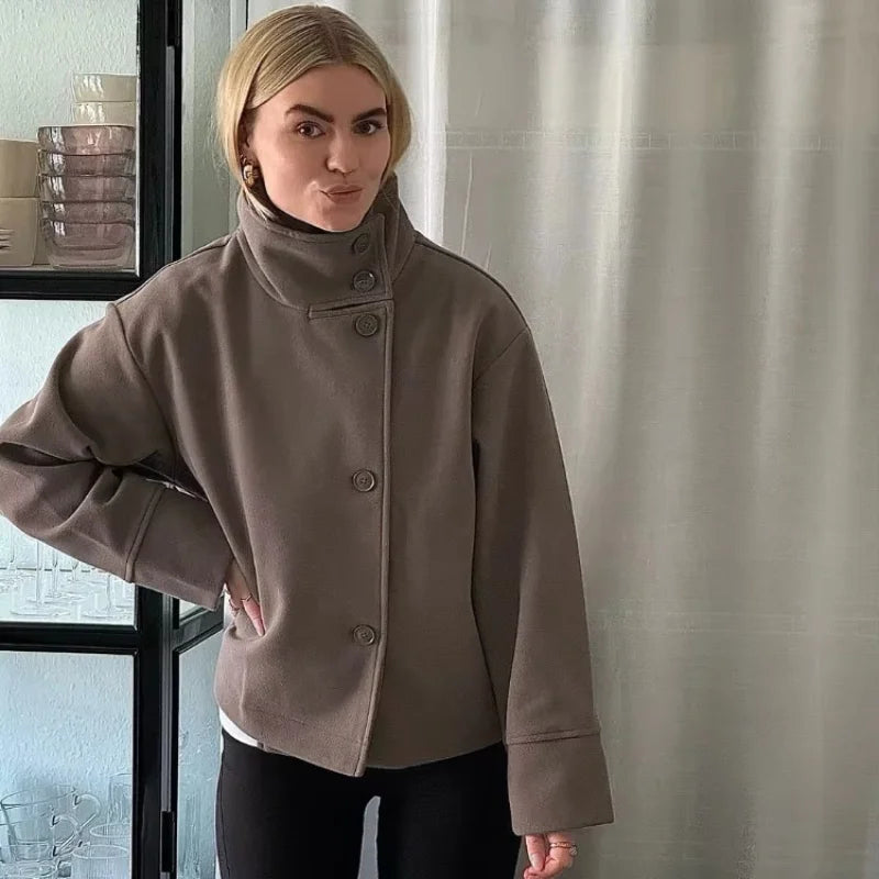 Urban Black Woolen Blend Coats Women Stand Collar Single-breasted Long Sleeve Thick Warm Jacket 2025 Autumn Winter Lady Outwear