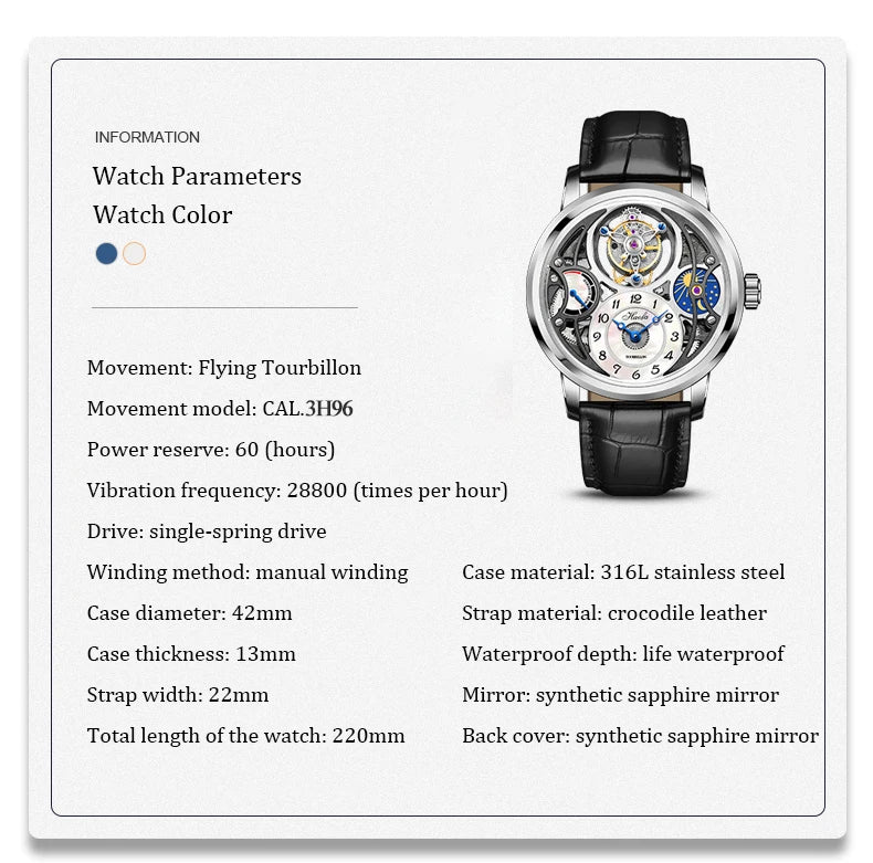 Haofa Manual Tourbillon Watch for Men Moonphase Energy Display Dial Skeleton Movement Sapphire Mechanical Wristwatches 1939