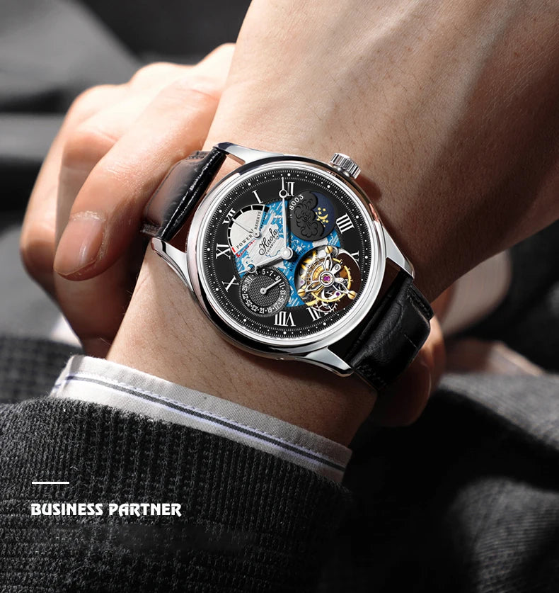 Haofa Automatic Flying Tourbillon Movement Watch Man Luxury Sapphire Skeleton Moon Phase Complete Calendar Watches For Men 8003