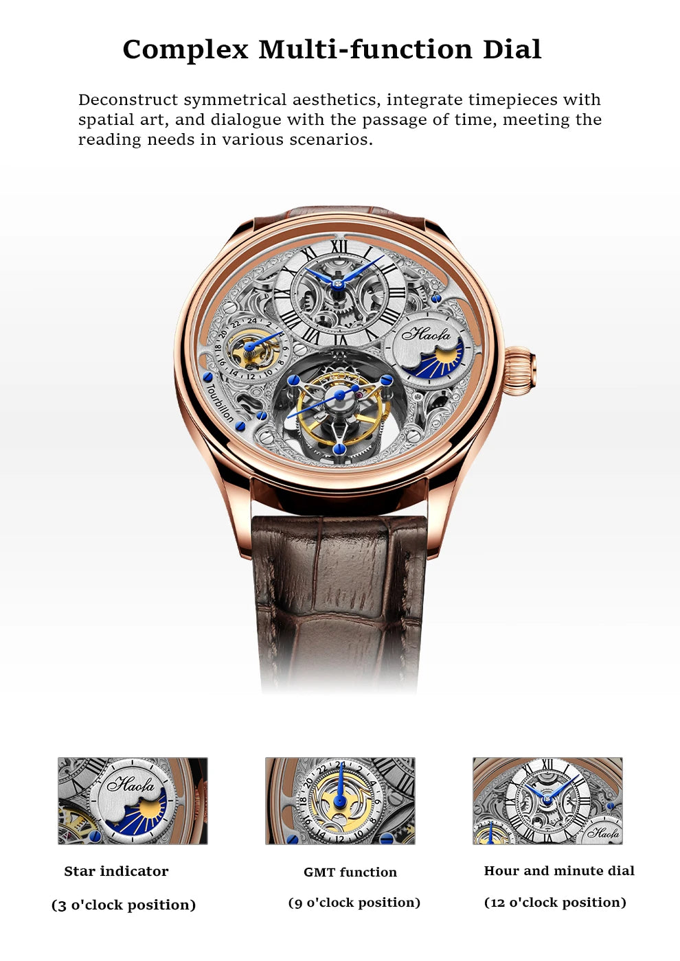 Haofa GMT Flying Tourbillon Mechanical Man Watch Skeleton Tourbillon Movement Luxury Moon Phase Watches for man Hollow 1035