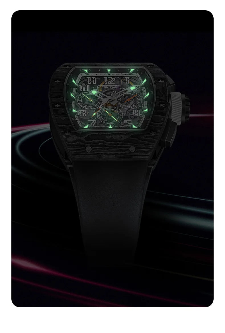 CRONUSART Men Automatic Watch 50MM Chronograph Tonneau Mechanical Wristwatch Sport Carbon Fibre Case Luminous Fluororubber Strap