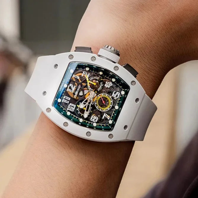 CRONUSART Men Chronograph Watch 50mm Tonneau Automatic Mechanical Wristwatch Luminous Sapphire Fluororubber Strap Triple Windows