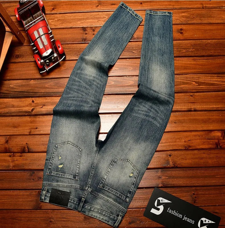 Fashionable light luxury jeans with men's patch design trendy retro elastic ripped pants