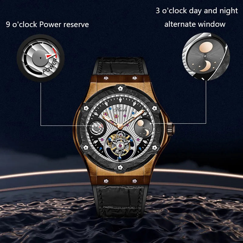 Haofa Manual Tourbillon Movement Watch for man Sapphire Mechanical Bronze Case Carbon Fiber Bezel Mens Watch Day And Night 1915T