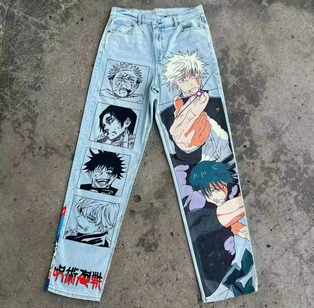 New Trend Printed Demon Slayer One Piece Jujutsu Kaisen Anime Characters Teen Loose Casual Jeans Japanese Retro Straight Jeans