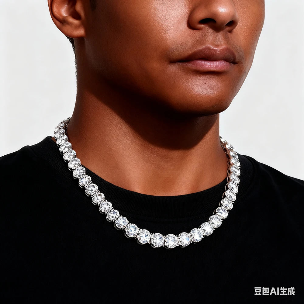 TEMGF Luxury Full 10mm Moissanite Necklace for Women Men Hip Hop Party Fashion Item 925 Silver Chain Wedding Neck Shiny Jewelry