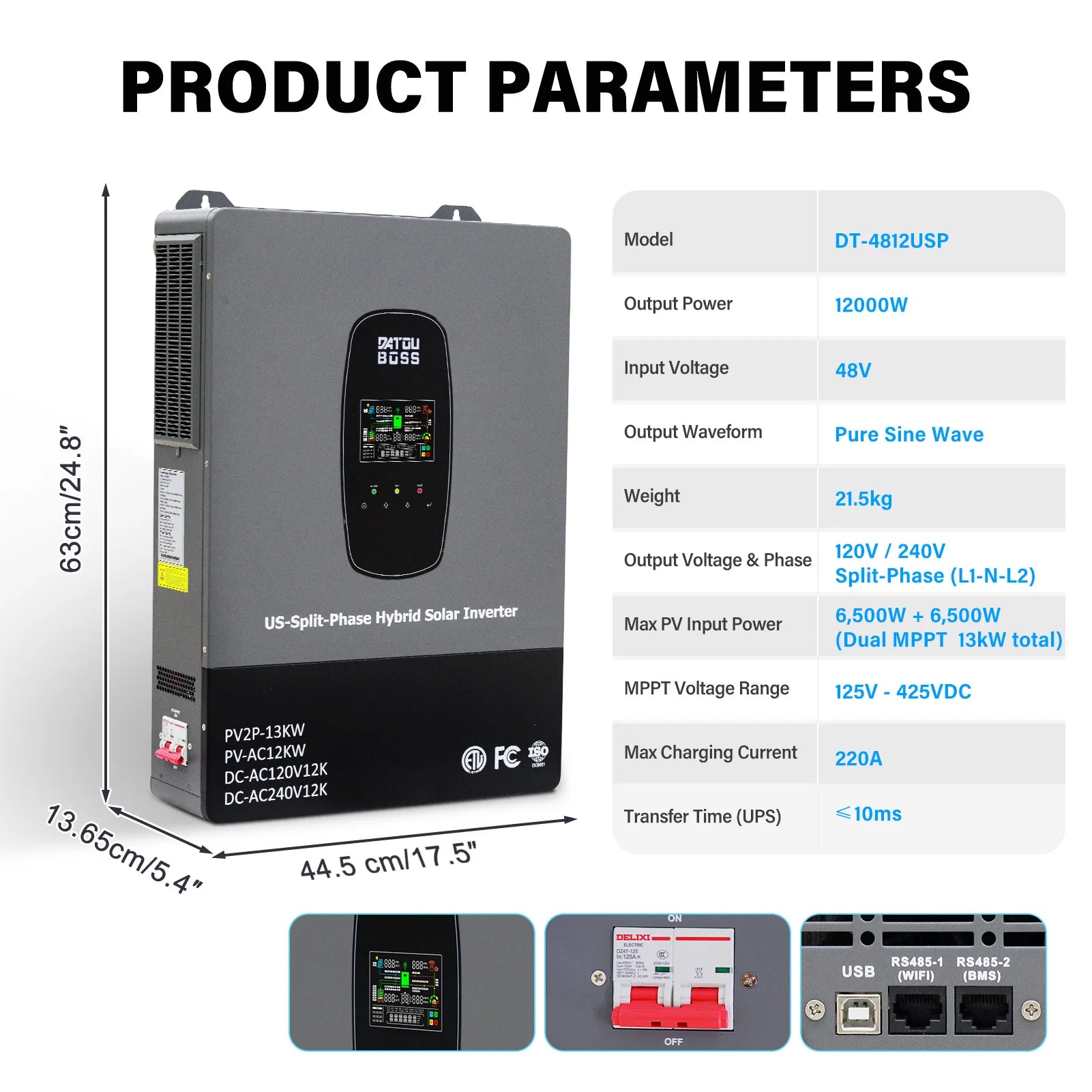 DATOUBOSS 12KW 240V Solar Hybrid Inverter Phase-Split UPS Uninterruptible Power Supply Off-Grid Mode Available for U.S. Market