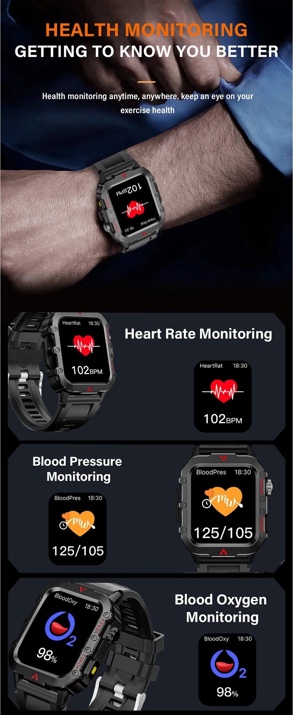 SmartWatch Men Militray Outdoor Sport GPS Fitness Tracker Heart Rate Smart Watch Waterproof New