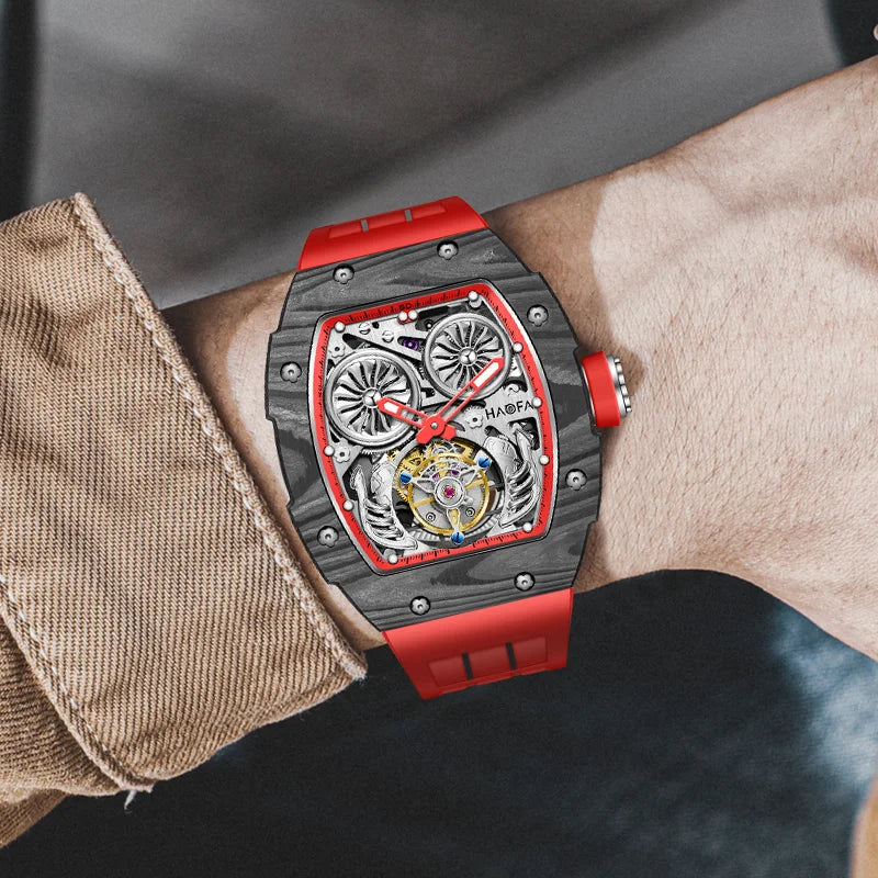 Haofa Carbon Fiber Tourbillon Mens Watch Double Spring Diver Automatic Mechanical Watches for Men Sapphire Luxury Business 1922