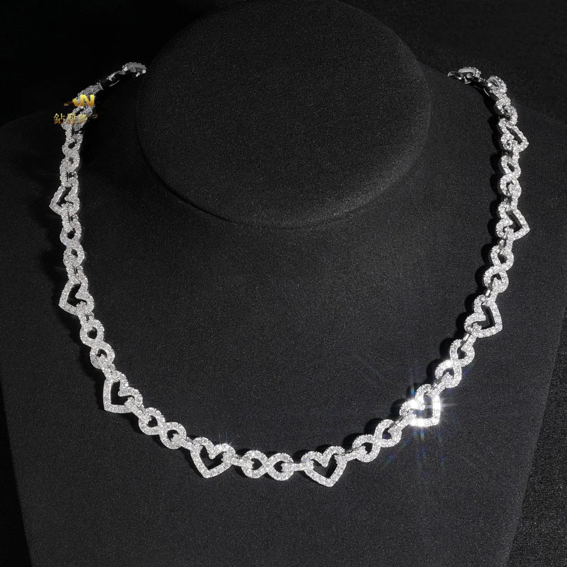 Hiphop 8.5mm Iced Moissanite Heart Infinity Chain Necklace for Men Rock Jewelry Bling Diamond Link Necklaces Plated Rhodium