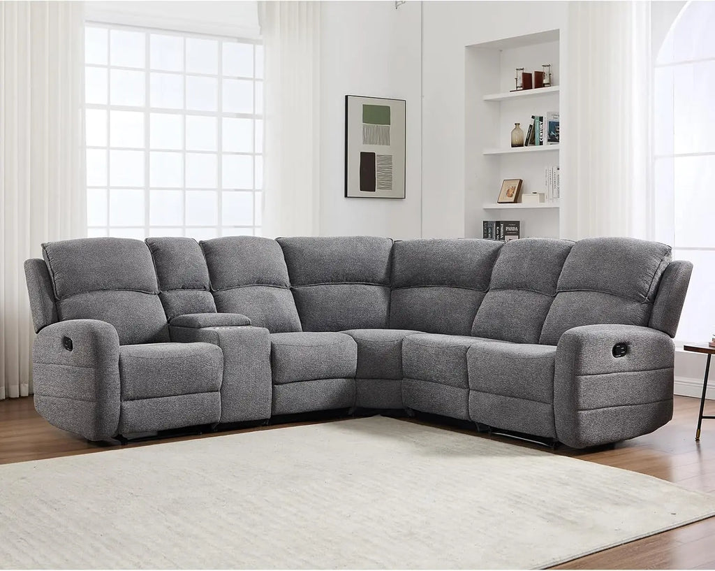 EBELLO Fabric L-Shaped Reclining Large Corner Sofa Sectional Sofa Couch for Living Room, with Padded Headrest, 2 Cup Holders