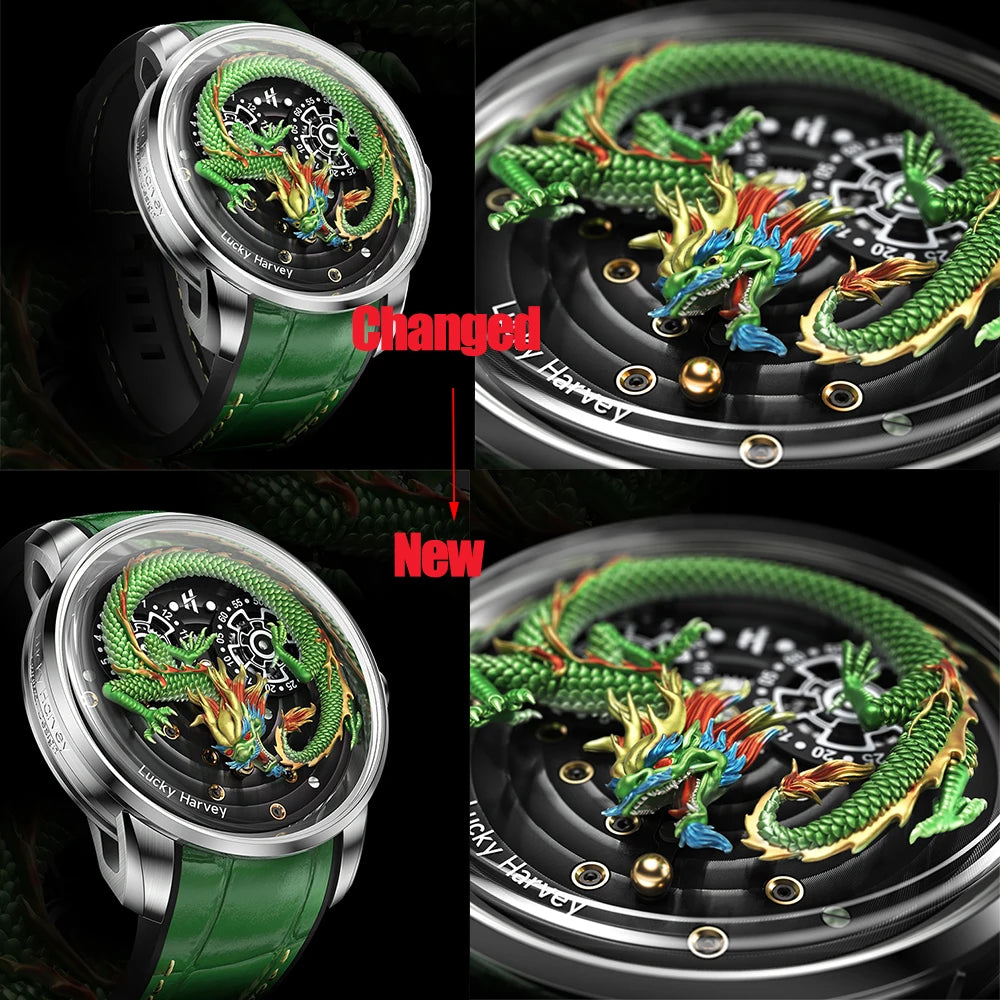 Lucky Harvey 3D Engraving Dragon Dial Automatic Mechanical Watches for Men Self-wind Movement Sapphire Waterproof Casual Watch
