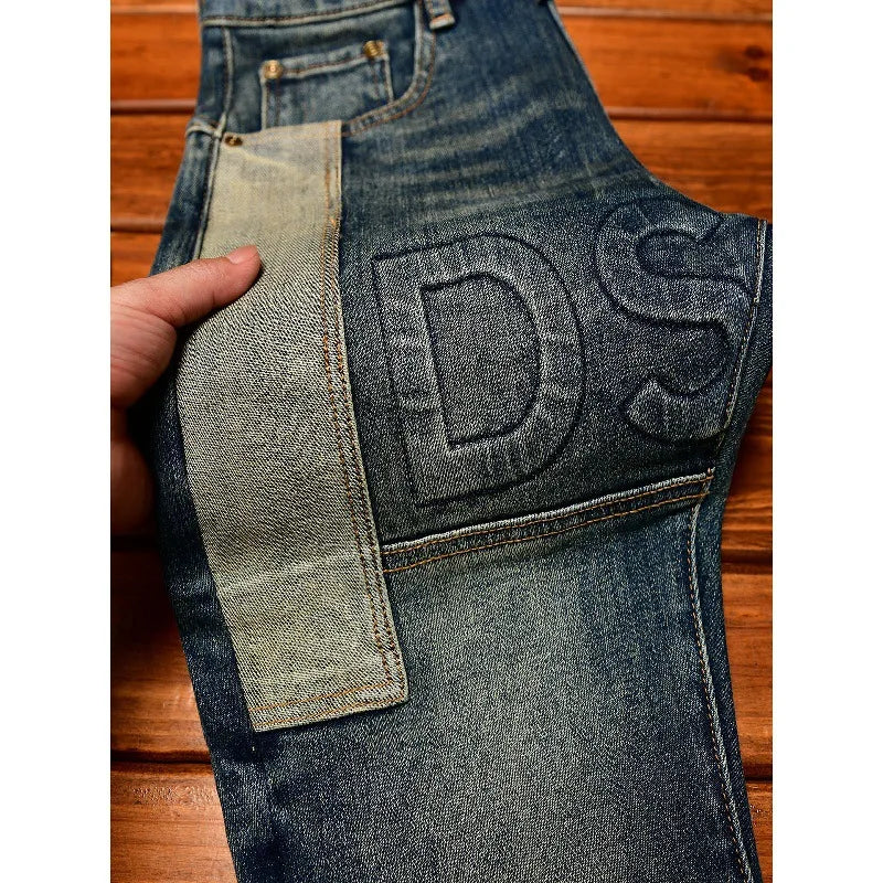 Fashionable high-end jeans for men, slim fit, small feet, washed retro patchwork design, trendy and luxurious men's pants