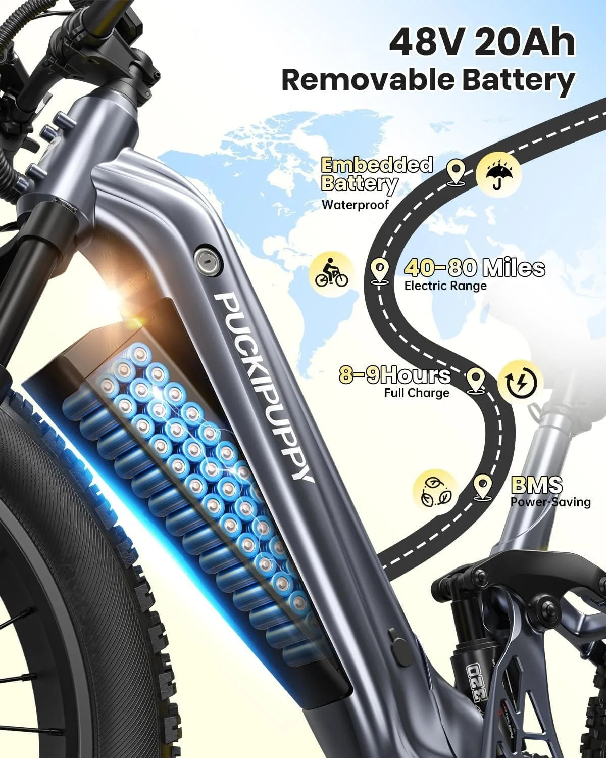 Electric Bike 960W, 48V 20AH Full Suspension Fat Tire Mountain E-Bike 80 Miles