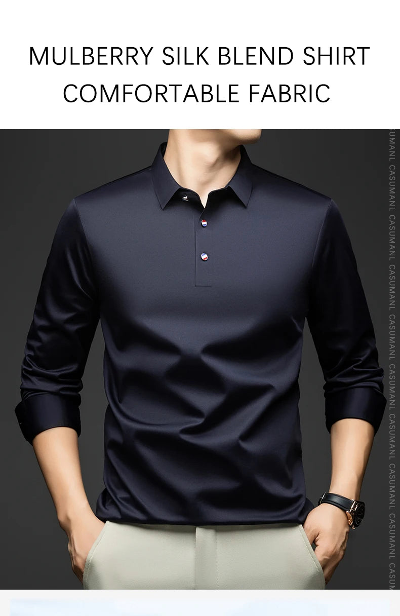 BROWON 2025 Spring Autumn Casual Work Tops Man Tshirt Long Sleeve Solid Color Soft Elegant Business Mulberry Silk T Shirt Man