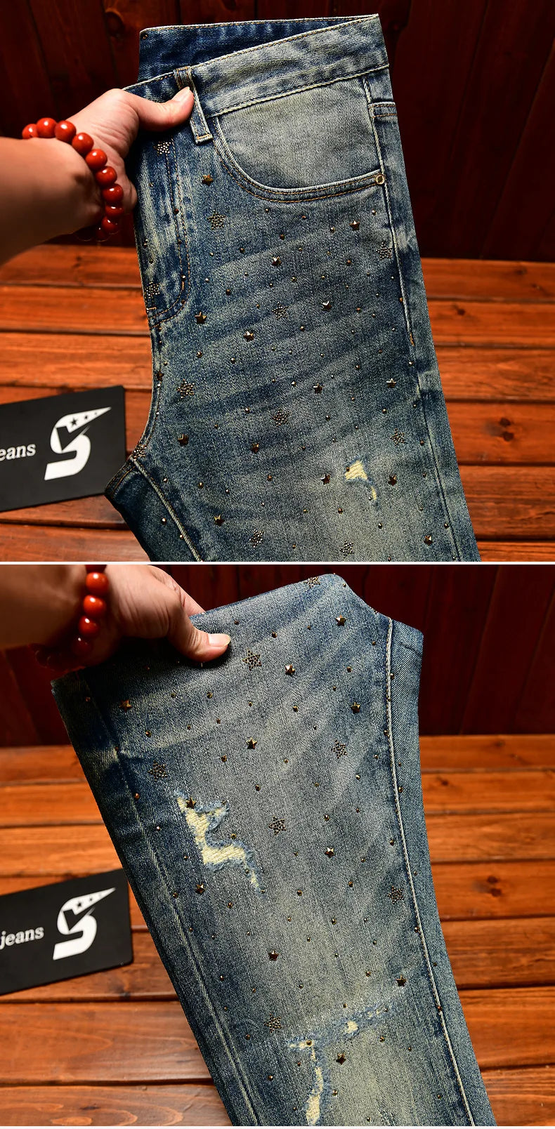 Fashionable light luxury jeans with men's patch design trendy retro elastic ripped pants