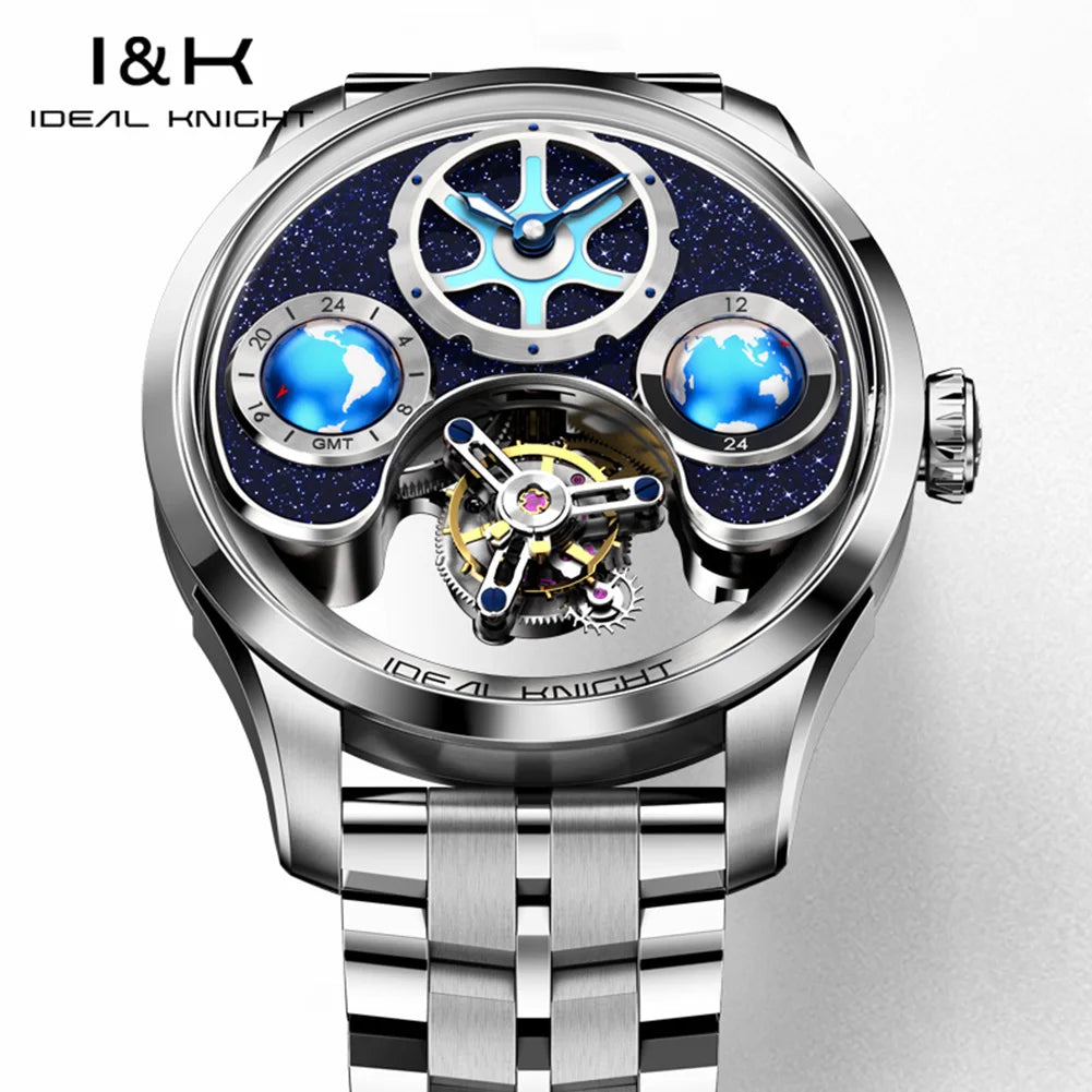 IDEAL KNIGHT Real Tourbillon Automatic Watches for Men 43mm Large Dial Blue Earth Series High-end Luxury Brand Mechanical Watch