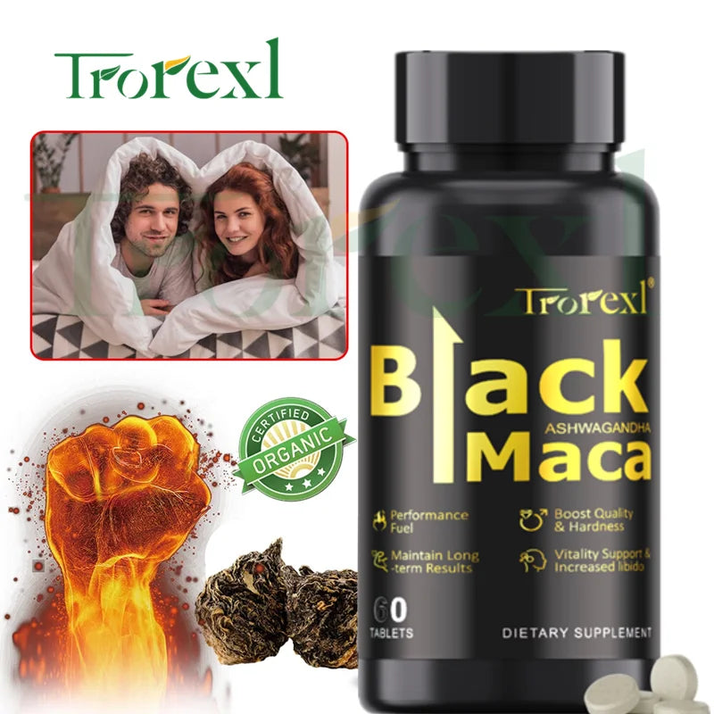 TOP STRENGTH Black Maca Ashwagandha Tablets for Men Potency| Natural Energy + Stamina Booster | 60 Caps