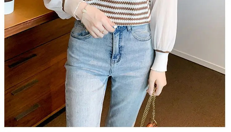 Patchwork Striped Fake Two Pieces Blouse Spring Autumn Long Sleeve O-neck Korean Shirt Tops Fashion Temperament Women Clothing