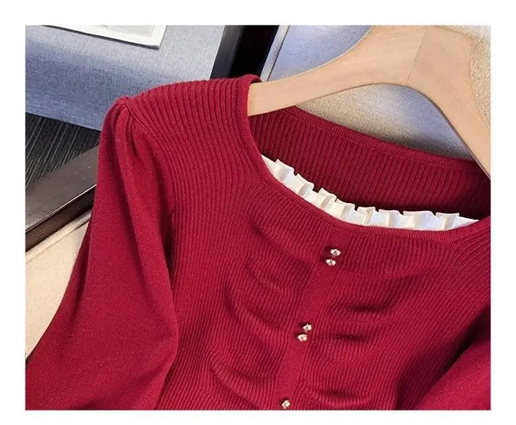 Pleated Slit Hem Contrast Patchwork Sweet Pullovers Women Clothing New Long Sleeve Fashion Sweaters Casual Korean Autumn Winter