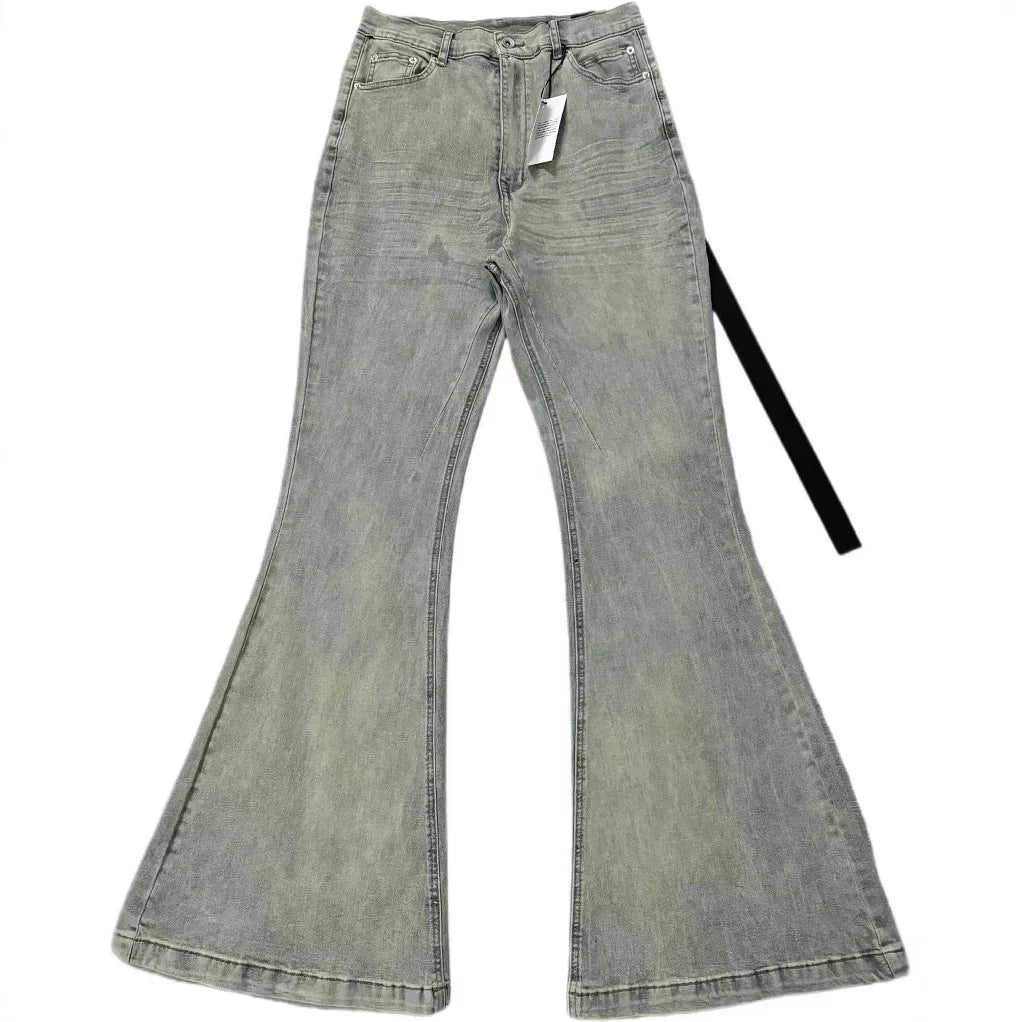 Rick RO Vintage Washed Wide Leg Skinny Jeans with Built-Up Floor-Length and Distressed Details and Cat-Fur Style Denim Pants