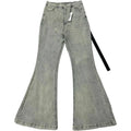 Rick RO Vintage Washed Wide Leg Skinny Jeans with Built-Up Floor-Length and Distressed Details and Cat-Fur Style Denim Pants