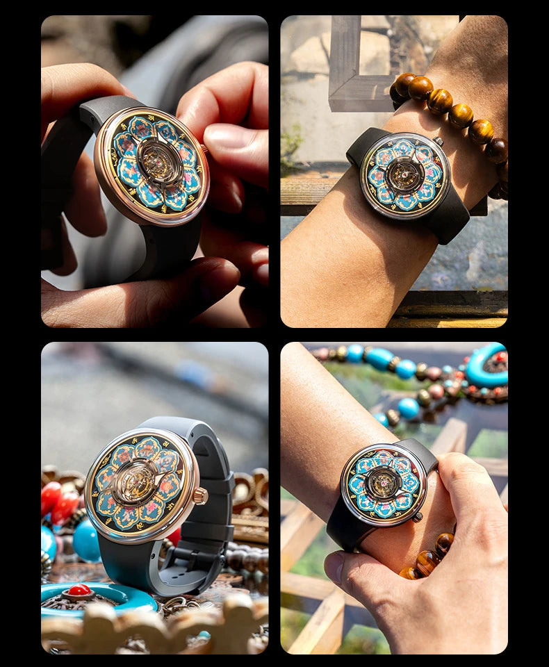 CRONUSART Men Tourbillon Watch 43mm Titanium Case Mechanical Wristwatch Luminous Tangka Enamel Dial Sapphire Mirror Skeleton