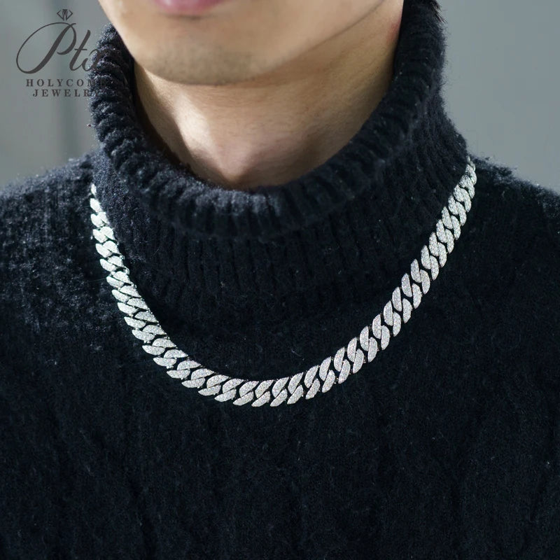 Full Diamond Cuban Necklace Moissanite 925 Silver Plated with 18K Gold Hip Hop Jewelry 18inch Prong Link Choker Chain for Men