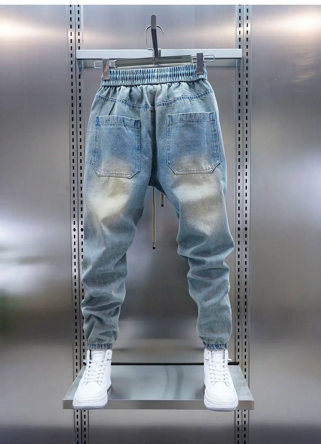 Men's distressed ripped drawstring and cuffed jeans with rivet embellishments high-street slim-fit trousers brand men clothing