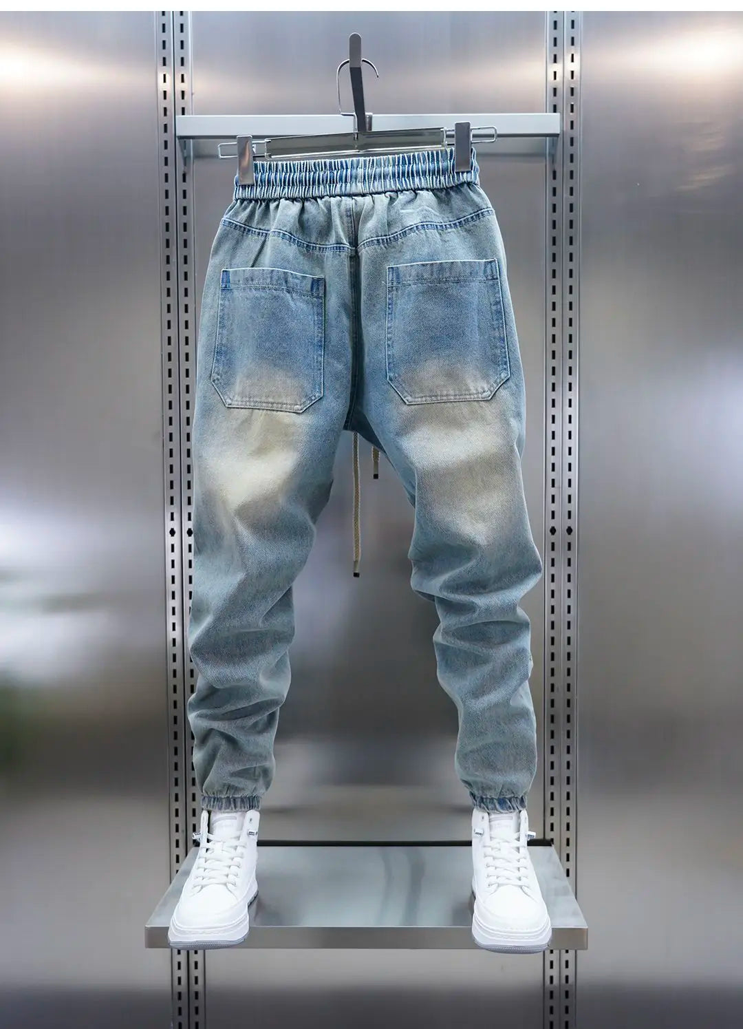 Men's distressed ripped drawstring and cuffed jeans with rivet embellishments high-street slim-fit trousers brand men clothing