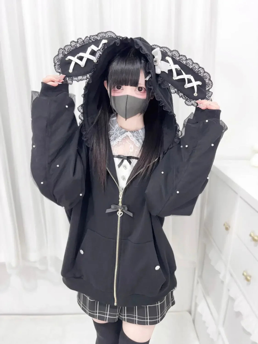 Japanese Pearl Gauze Patchwork Coats Women Y2k Aesthetic Lace Rabbit's Ears Jackets Casual Oversized Harajuku Kawaii Hoodies Top