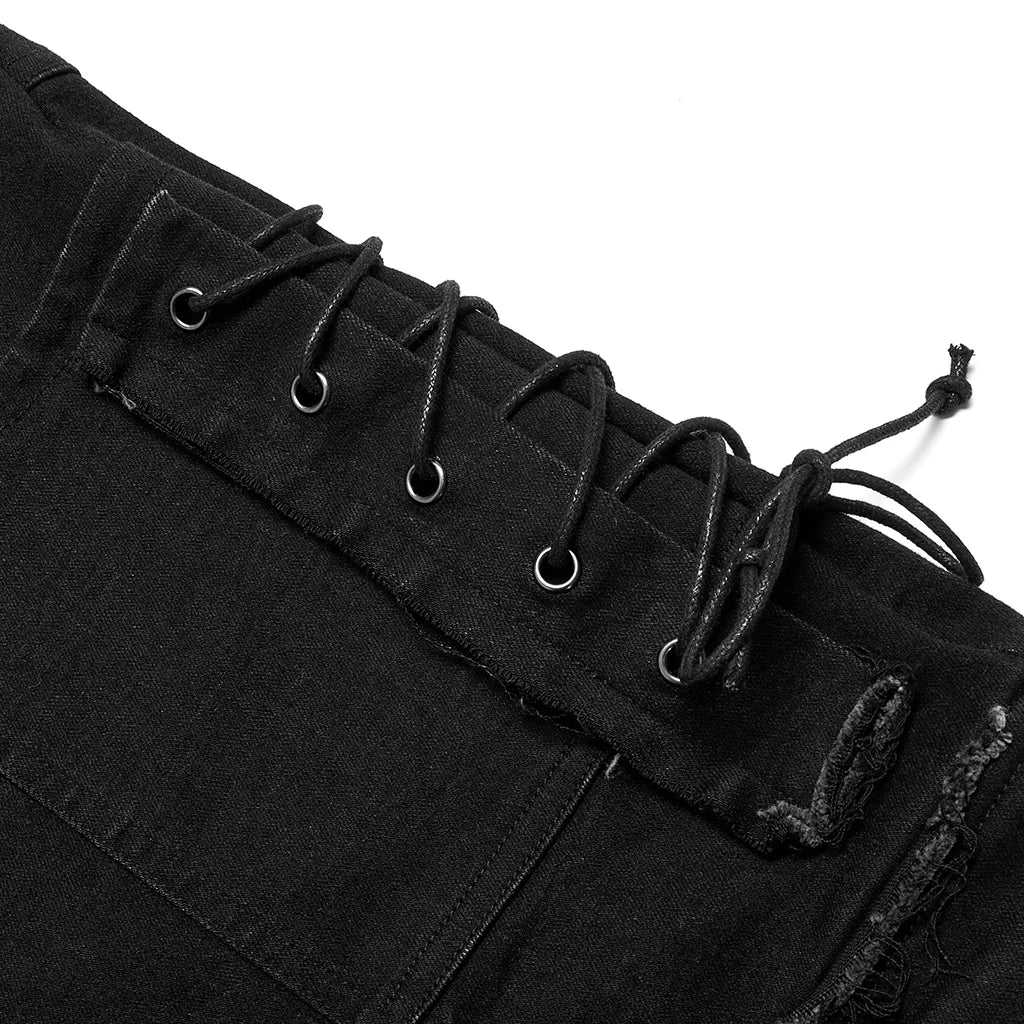 PUNK RAVE New Men's Punk Rock Broken Hole Net Black Long  Trousers Gothic Casual Male Motocycle Cotton Denim Pants Visual Kei