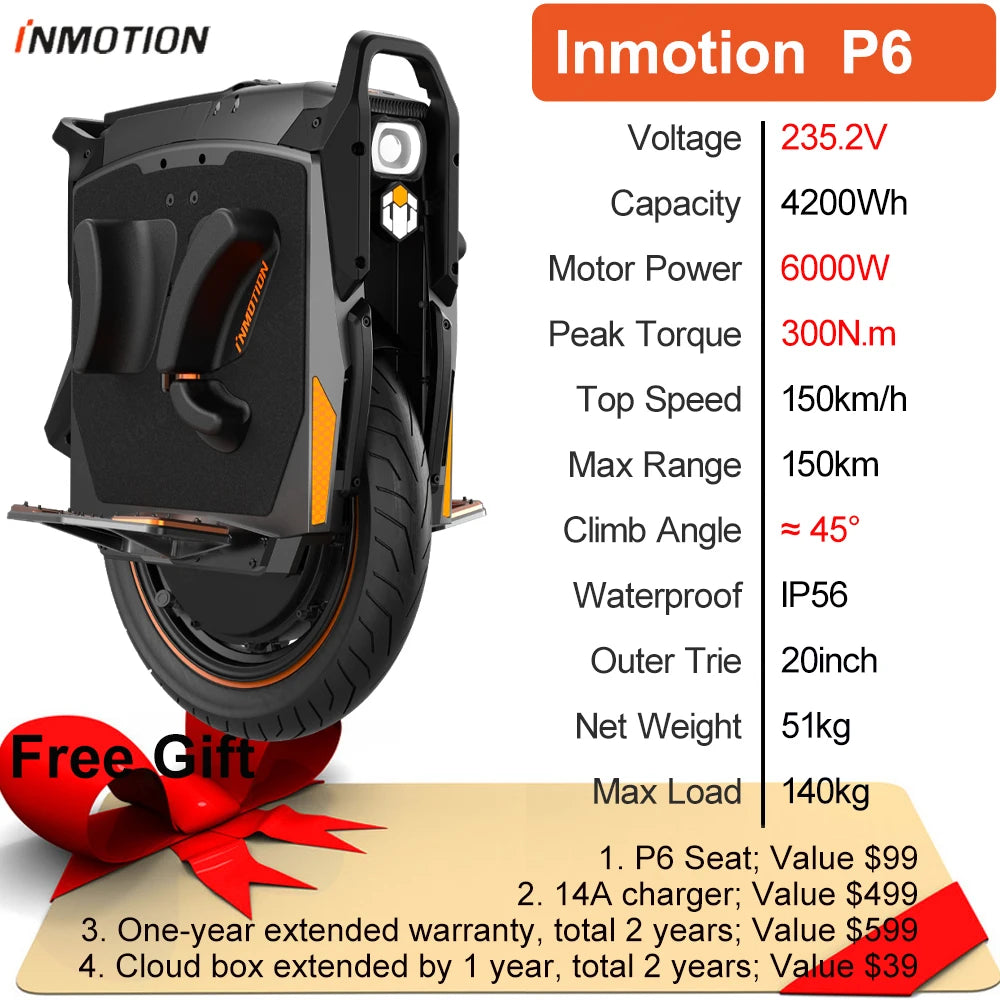 Newest Inmotion P6 Electric Unicycle 235.2V 4200Wh Battery 6000W Motor Power 20inch Official INMOTION P6 EUC