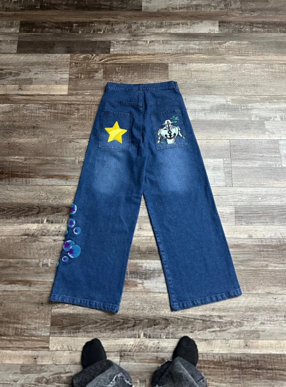 Women's Blue High Waisted Anime Embroidered Washed Jeans, Wide Leg Denim Pants, Street Wear Y2K Loose Pants