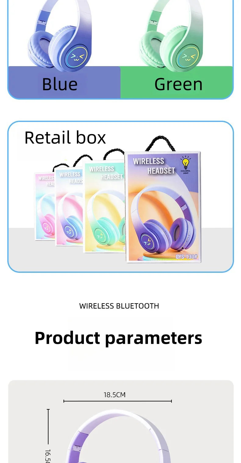 Original Wireless Bluetooth Headphones for Computer RGB Glowing Smiley Face Noise Reduction Gaming Headset Gamer Girl Bass Sport
