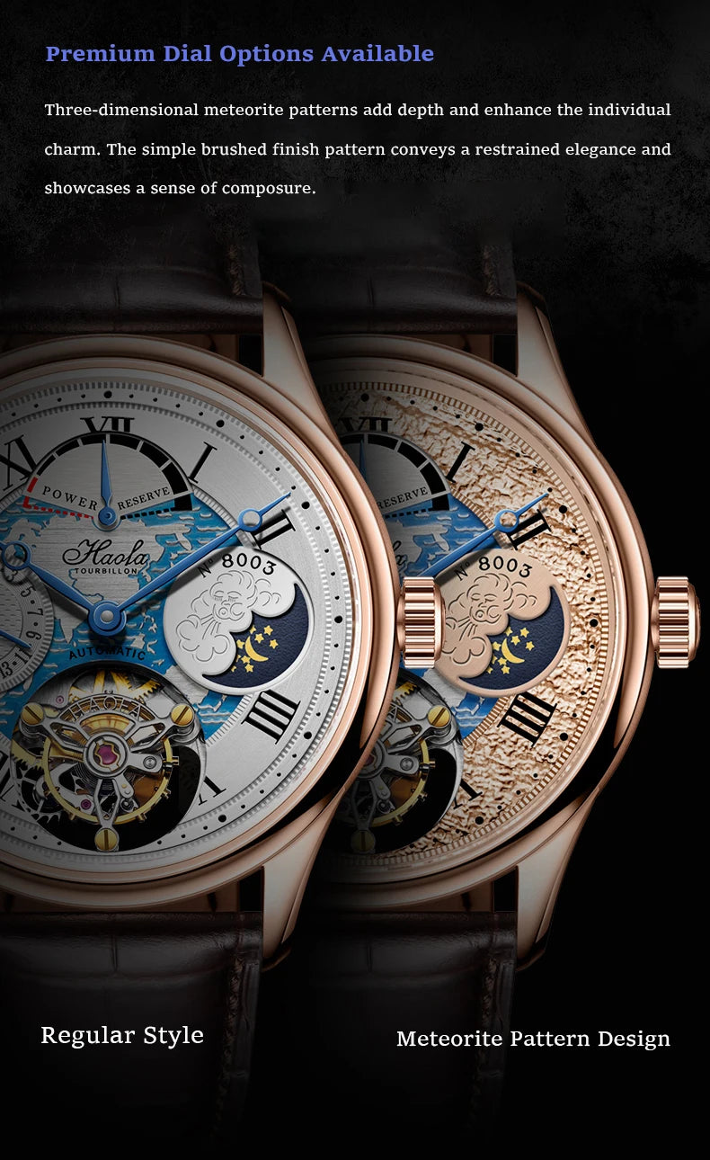Haofa Automatic Flying Tourbillon Movement Watch Man Luxury Sapphire Skeleton Moon Phase Complete Calendar Watches For Men 8003