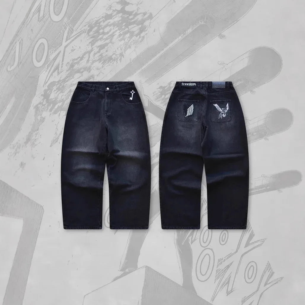 Y2K Japanese AOT Freedom Wings Embroidery Jeans Men Women Wide Leg High Waist Denim Pants Wings of Liberty Patch Blue Black Jean