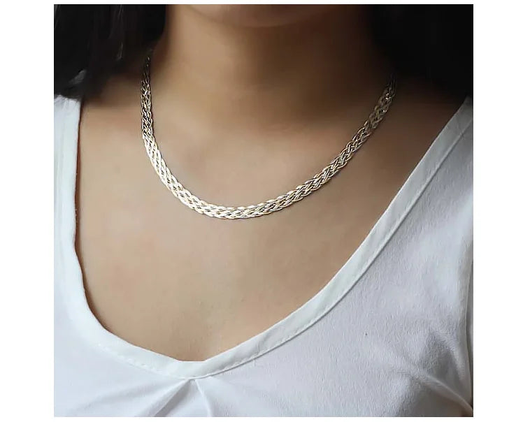 Necklace For Women Men Unisex 18K Pure Gold Weaving Chain Flat wide chain Knitted Chains Necklace Choker Vintage Collares Mujer
