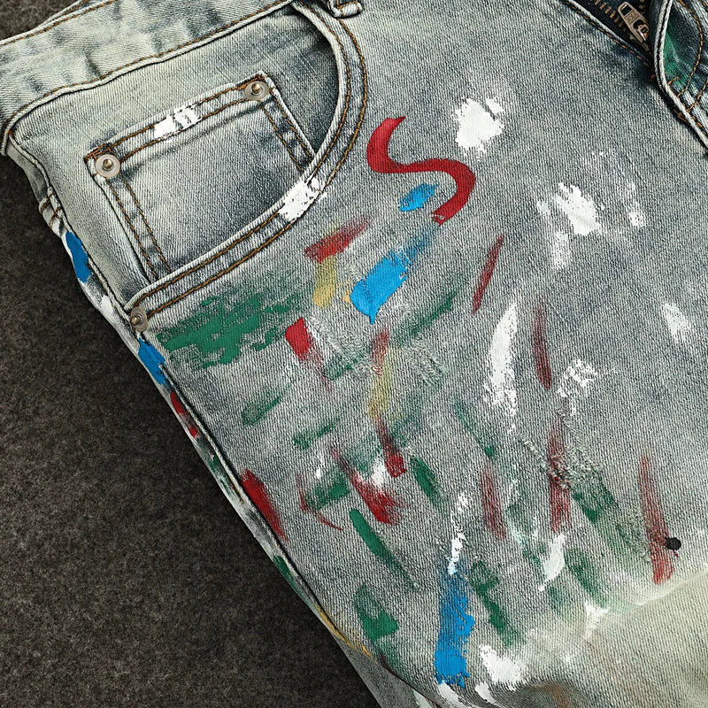 High Street Fashion Men Jeans Retro Washed Blue Stretch Slim Fit Ripped Jeans Men Painted Designer Vintage Denim Pencil Pants