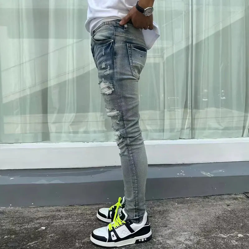 European and American designers fashion new men's jeans stretch slim fit retro light blue patchwork white patch jeans high stree