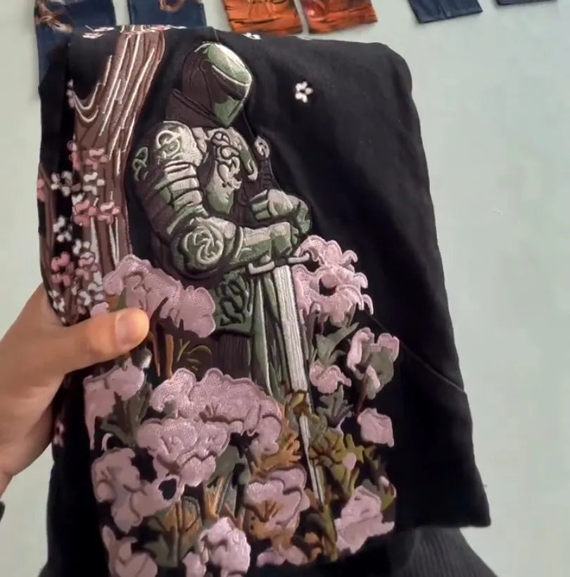 Y2k Vintage Baggy Fallen Knight Cherry Blossom Embroidery Jeans Men Women Fashion Straight Wide-leg Denim Pants Streetwear Jean