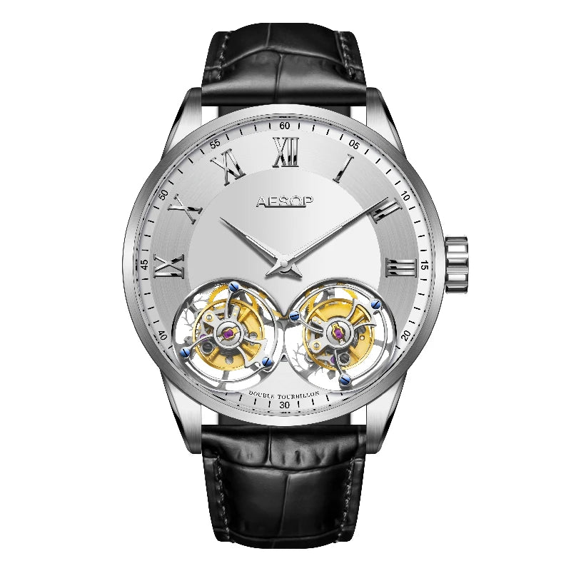 Aesop Men's Double Tourbillon Watch Hand Winding Movement Sapphire Business Fashion Male Mechanical Wristwatches Waterproof 2025